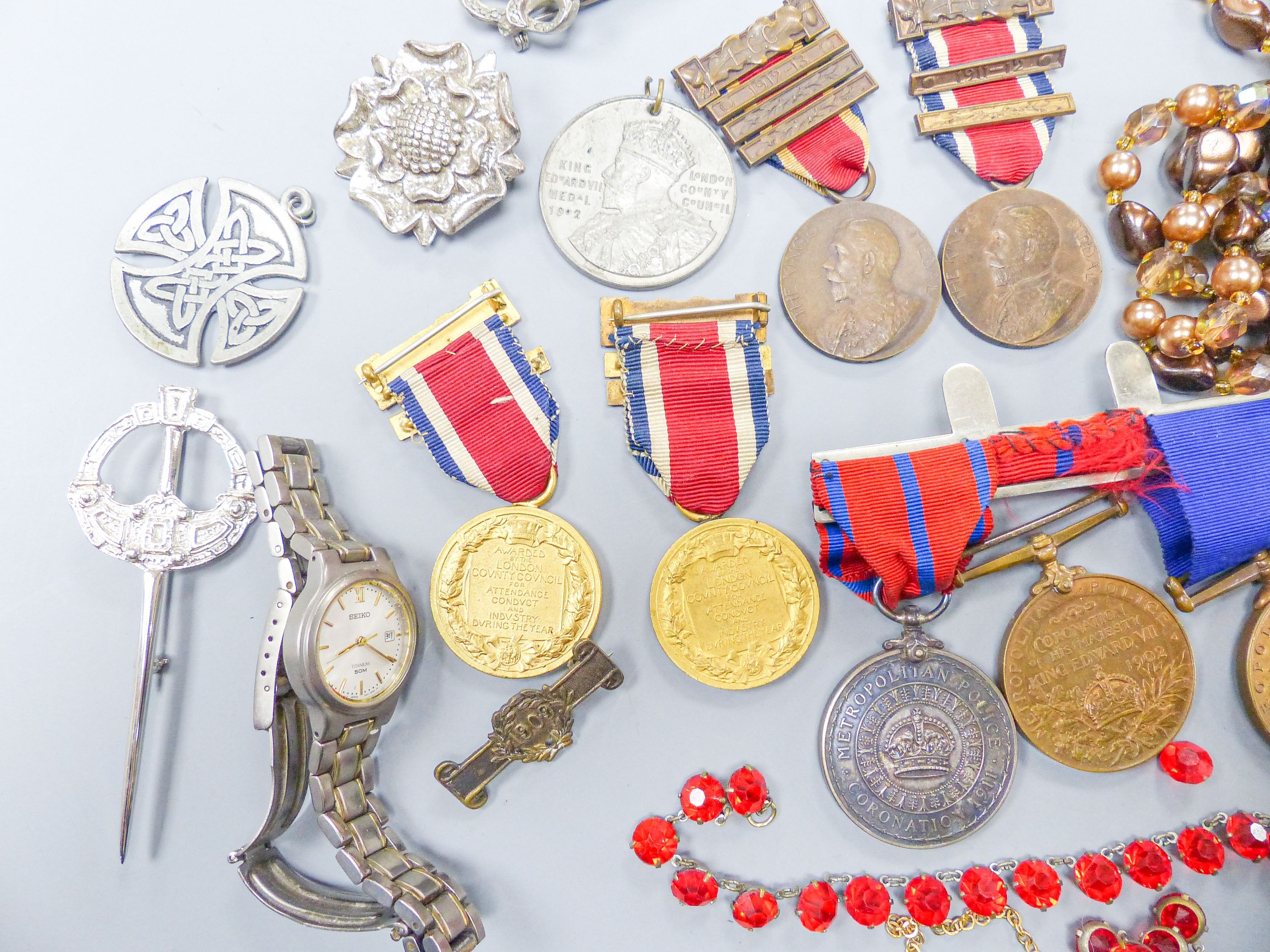 Medals, costume jewellery etc.